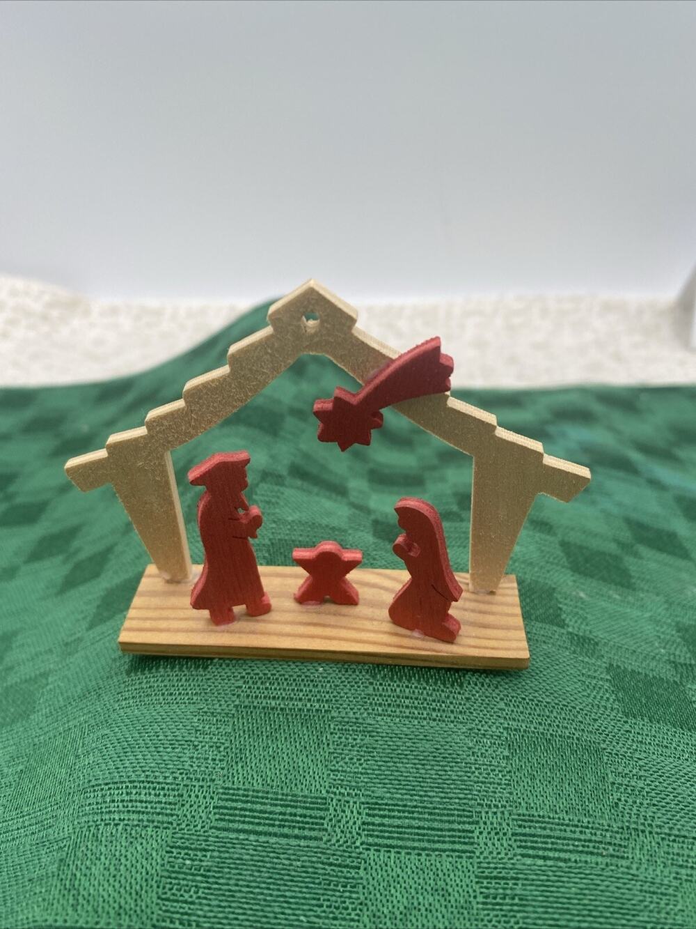 Wood Nativity Figure Set With Scene Silhouette The Holy Family Red & Wood Color